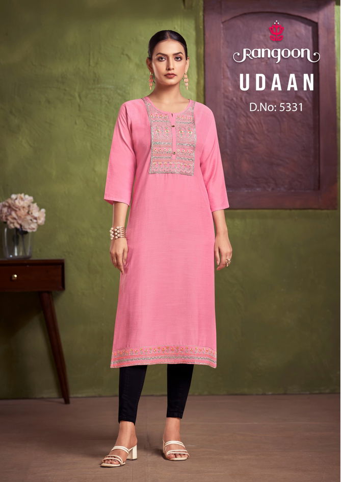 Udaan By Rangoon Viscose Embroidery Kurtis Wholesale Shop In Surat